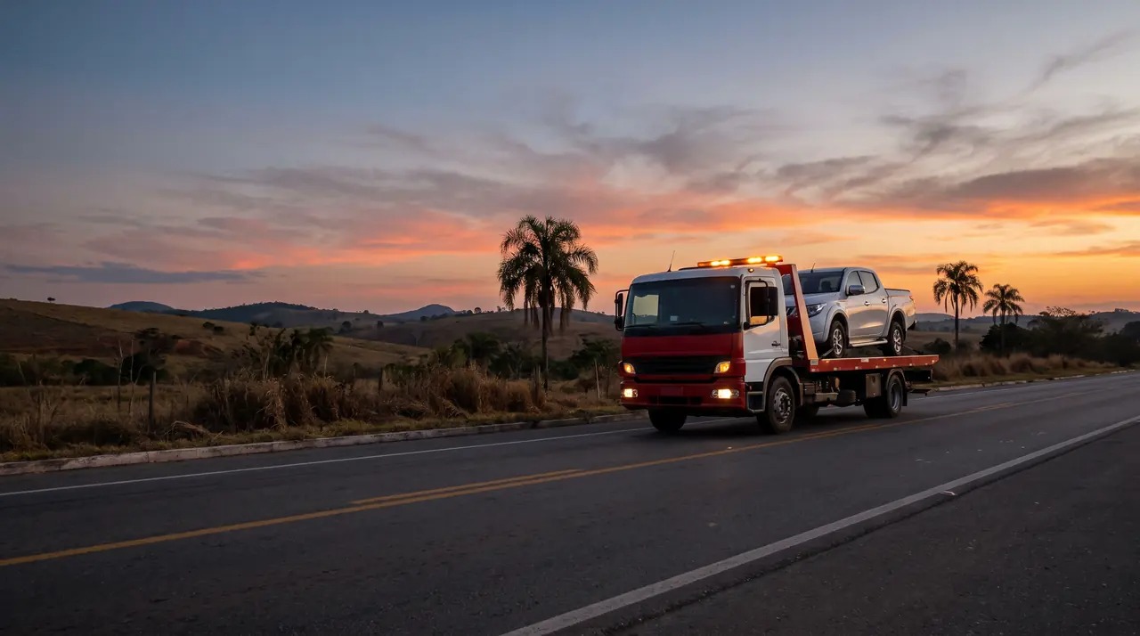 Guincho levando uma pickup na rodovia ao amanhecer