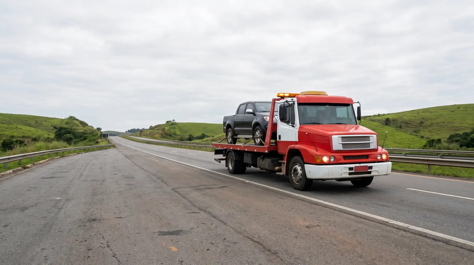 Guincho plataforma levando uma pickup na rodovia