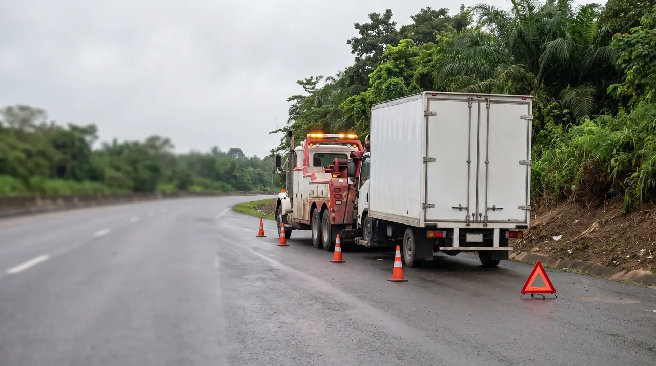 Guincho pesado rebocando um caminhão baú no acostamento