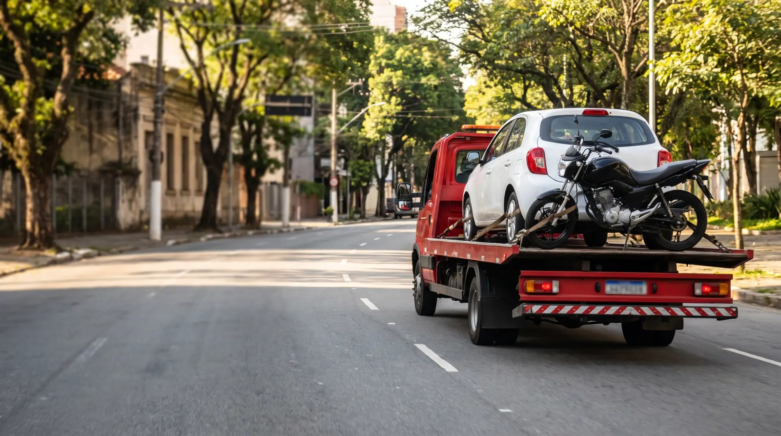 Guincho plataforma levando um carro e uma moto pela avenida