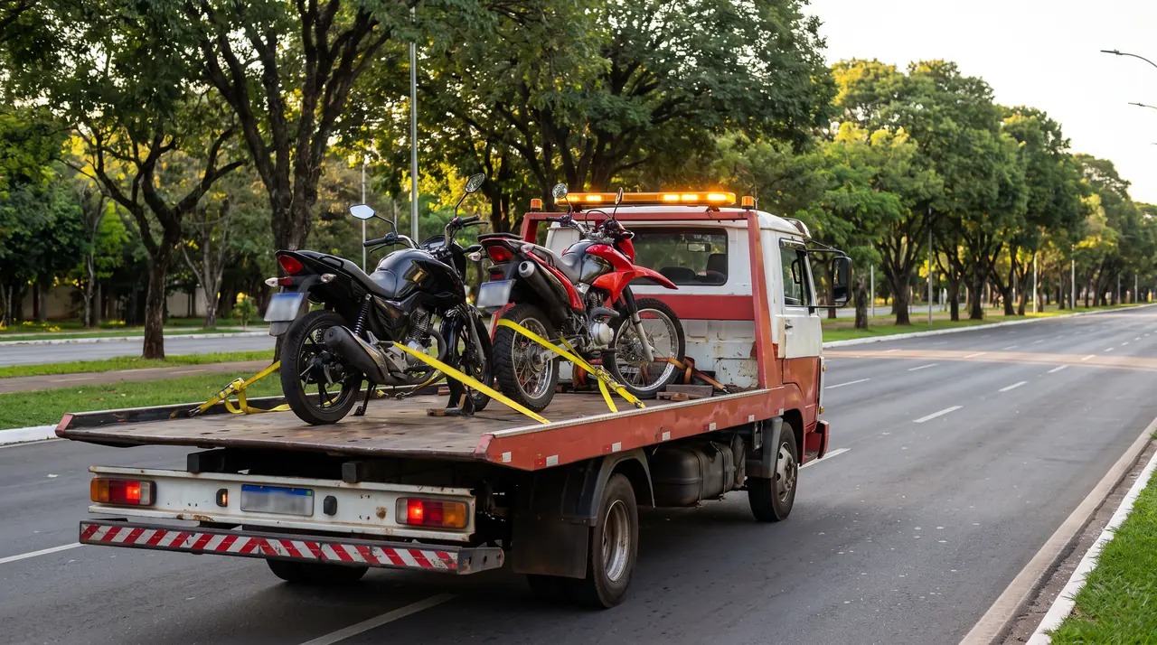 Guincho plataforma levando duas motos bem presas com cintas
