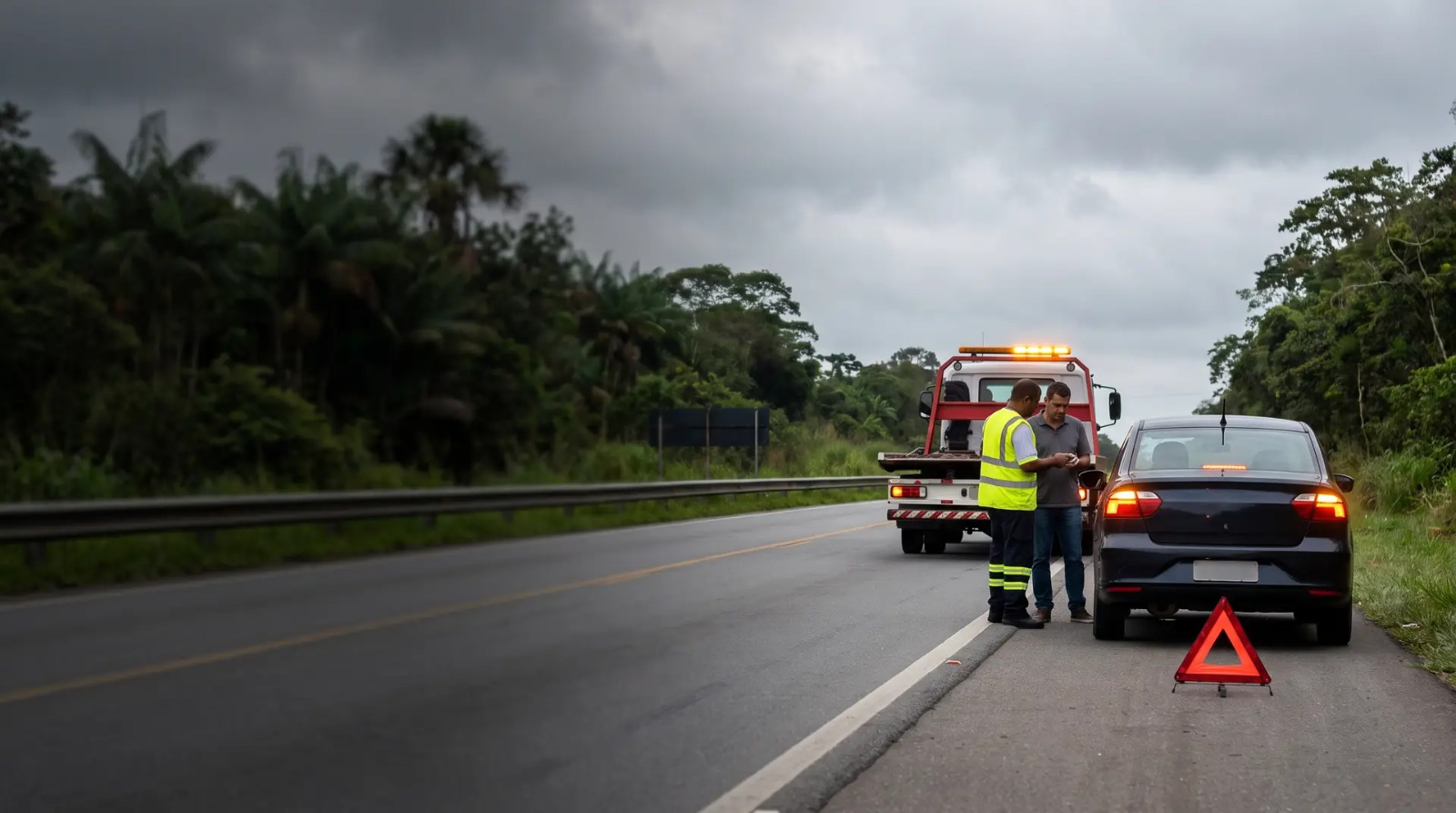 Equipe da Alça atendendo motorista na rodovia com triângulo de sinalização