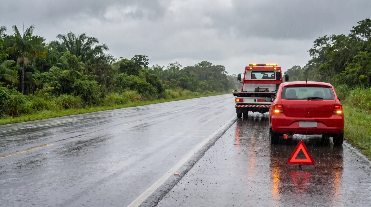 Carro parado na chuva com triângulo e guincho chegando para o socorro