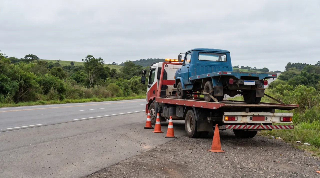 Guincho plataforma transportando um caminhão no acostamento com cones