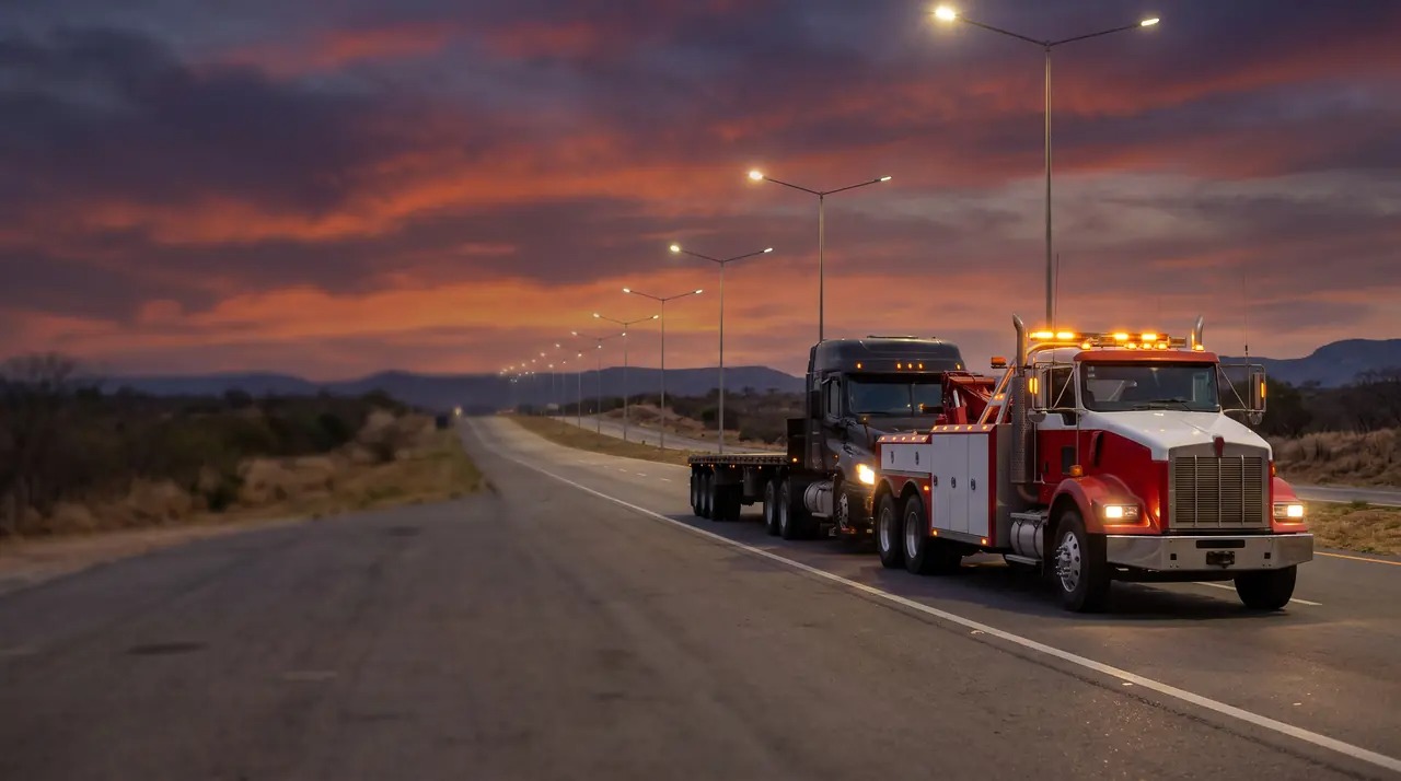 Guincho pesado rebocando uma carreta ao entardecer na rodovia