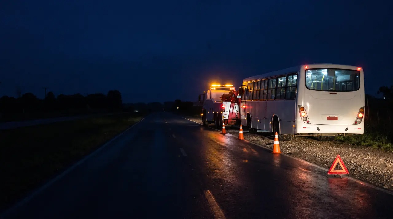 Ônibus parado à noite no acostamento com triângulo, cones e guincho pesado