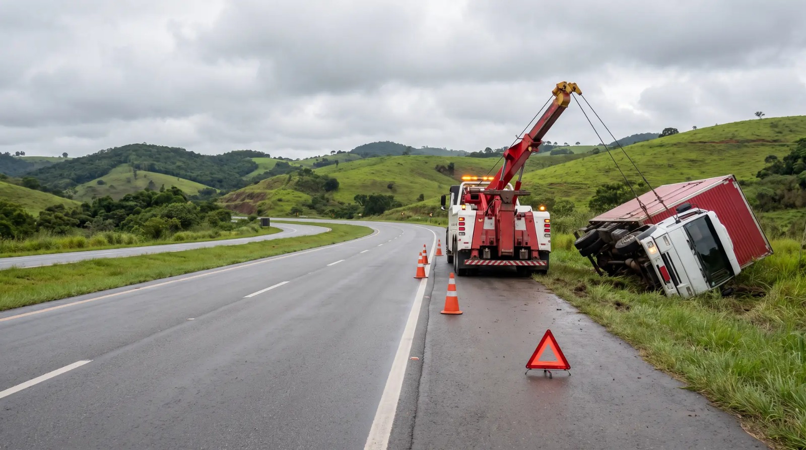 Guincho com lança fazendo destombamento de caminhão na margem da rodovia