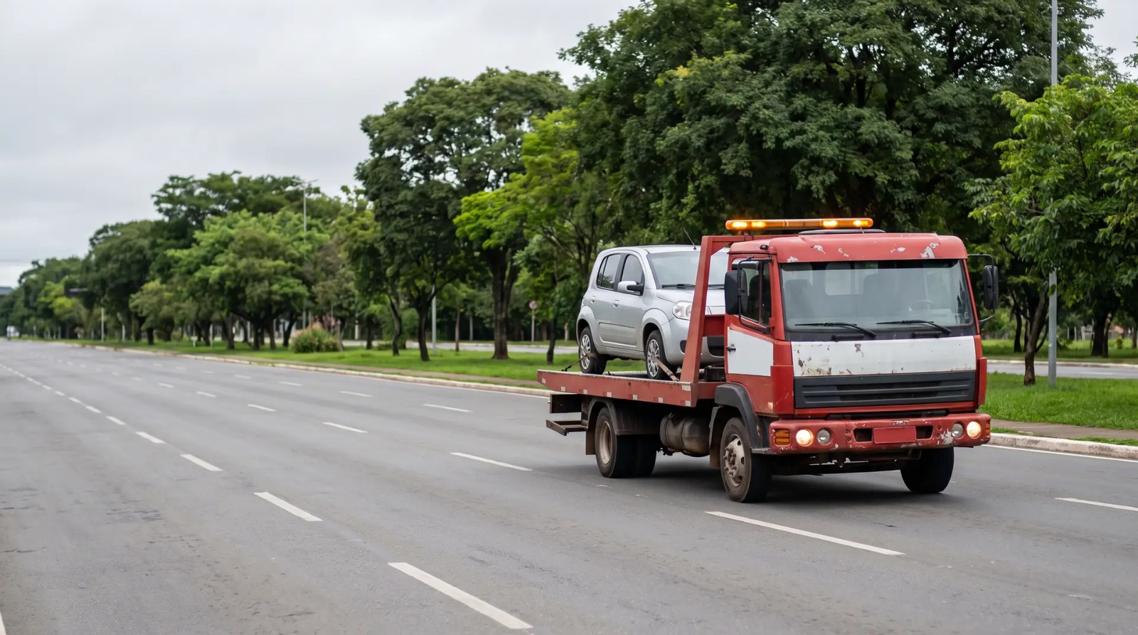 Guincho plataforma levando um carro em avenida de Ribeirão das Neves