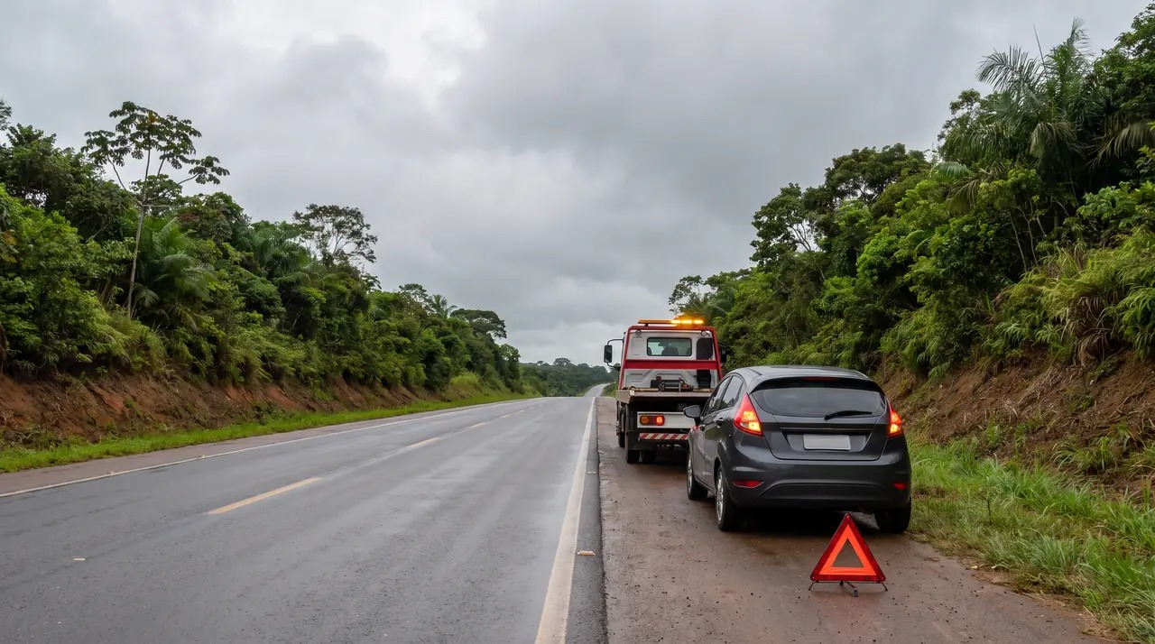 Carro parado no acostamento com triângulo e guincho da Alça logo à frente